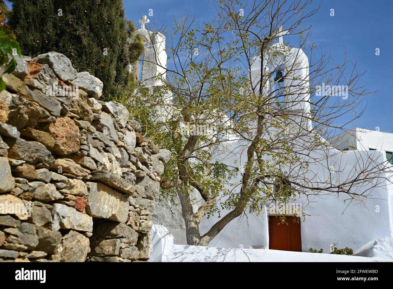 Landscape with scenic view of Aghioi Pantes and Ypapanti two traditional Greek Orthodox churches