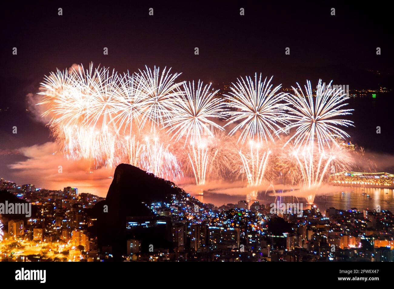 Famous New Year Firework Display In Copacabana Beach In Rio De Janeiro Famous New Year Firework Display In Copacabana Beach In Rio De Janeiro