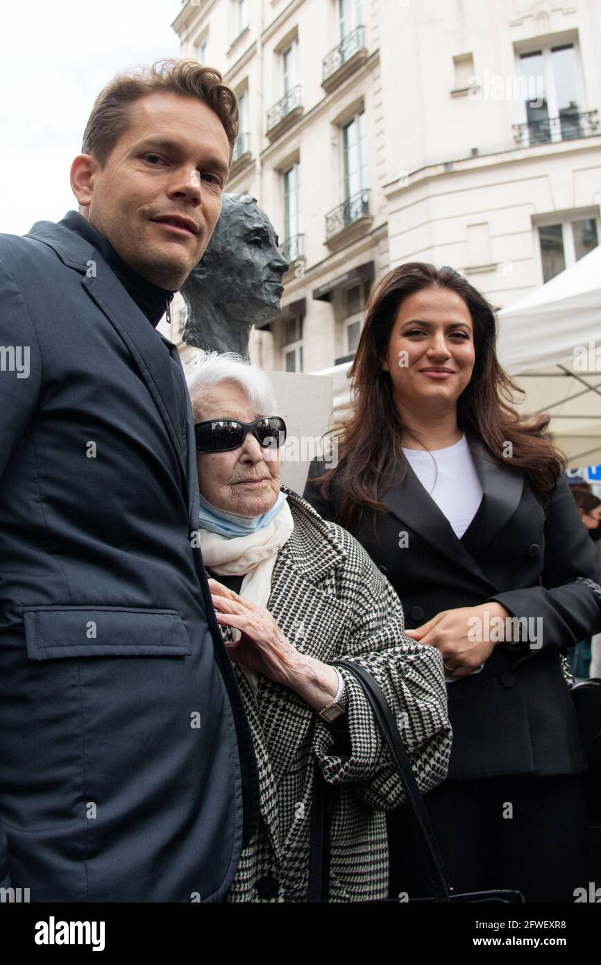 Nicolas Aznavour (son of Charles Aznavour), Aida Aznavourian (sister of Charles Aznavour) and Kristina Sarkisyan attending the unveilling of a statue representing Charles Aznavour in Paris, France, on May 22, 2021. Photo by Aurore Marechal/ABACAPRESS.COM Stock Photo