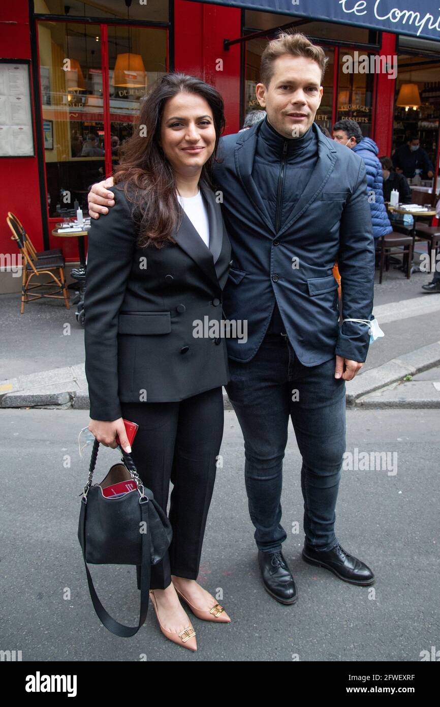 Nicolas Aznavour (son of Charles Aznavour) and his wife Kristina Sarkisyan attending the unveilling of a statue representing Charles Aznavour in Paris, France, on May 22, 2021. Photo by Aurore Marechal/ABACAPRESS.COM Stock Photo