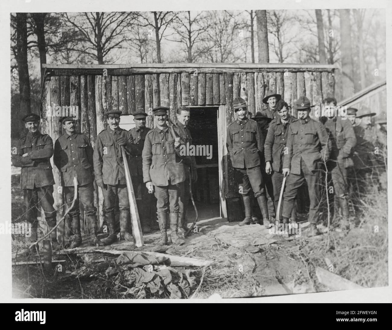 World War One, WWI, Western Front - Lumbermen in the woods outside their cabin, France Stock Photo