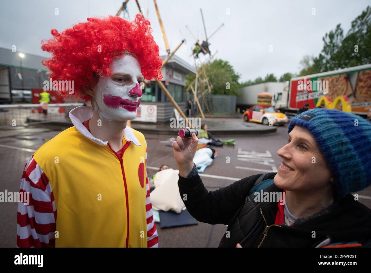 Hemel Hempstead, UK. 22.05.21 - Animal Rights activists blocked all 4 of McDonalds UK distribution centres. They view McDonalds as a symbol of industrial animal agriculture which contributes to the climate crisis as well as causing suffering to animals. Credit: Gareth Morris/Alamy Live News Stock Photo