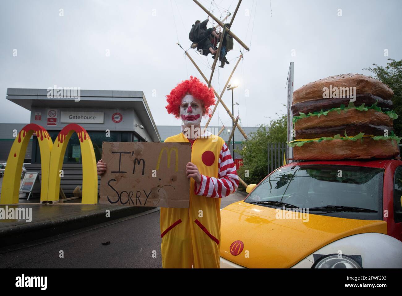 Hemel Hempstead, UK. 22.05.21 - Animal Rights activists blocked all 4 of McDonalds UK distribution centres. They view McDonalds as a symbol of industrial animal agriculture which contributes to the climate crisis as well as causing suffering to animals. Credit: Gareth Morris/Alamy Live News Stock Photo