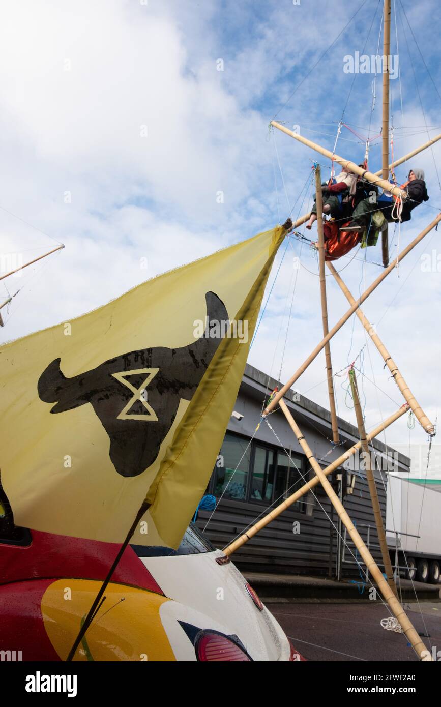 Hemel Hempstead, UK. 22.05.21 - Animal Rights activists blocked all 4 of McDonalds UK distribution centres. They view McDonalds as a symbol of industrial animal agriculture which contributes to the climate crisis as well as causing suffering to animals. Credit: Gareth Morris/Alamy Live News Stock Photo