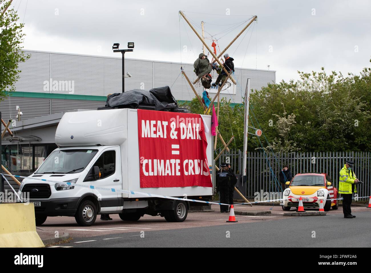 Hemel Hempstead, UK. 22.05.21 - Animal Rights activists blocked all 4 of McDonalds UK distribution centres. They view McDonalds as a symbol of industrial animal agriculture which contributes to the climate crisis as well as causing suffering to animals. Credit: Gareth Morris/Alamy Live News Stock Photo