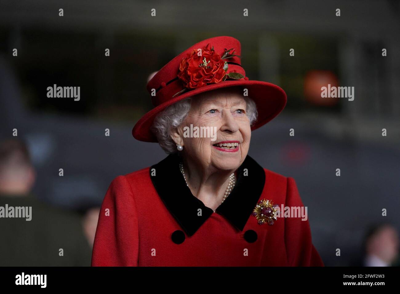 Britain's Queen Elizabeth visits HMS Queen Elizabeth ahead of the ship's maiden deployment at HM Naval Base in Portsmouth, Britain May 22, 2021. Steve Parsons/PA Wire/Pool via REUTERS Stock Photo