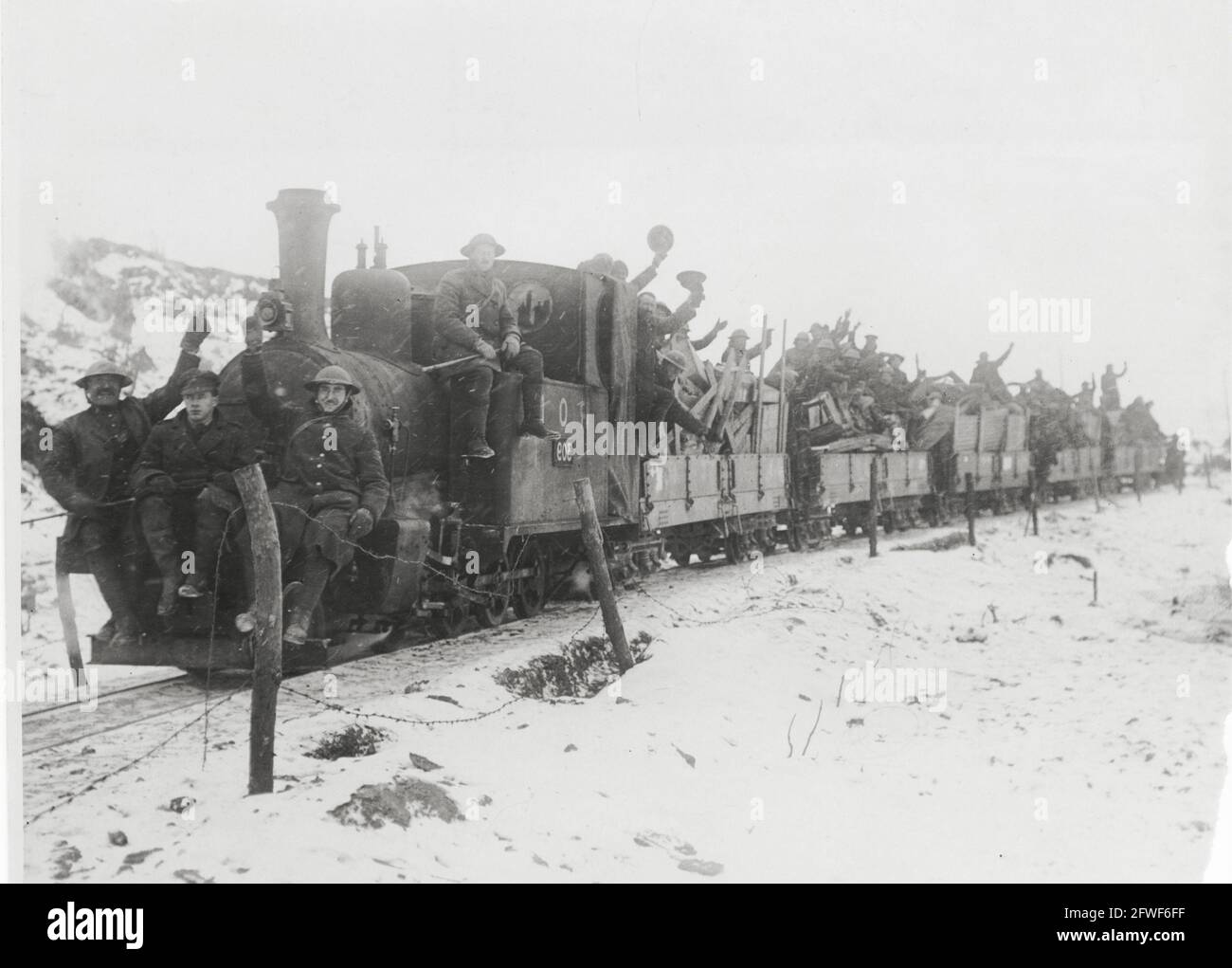 World War One, WWI, Western Front - Men on a light railway in the snow, France Stock Photo