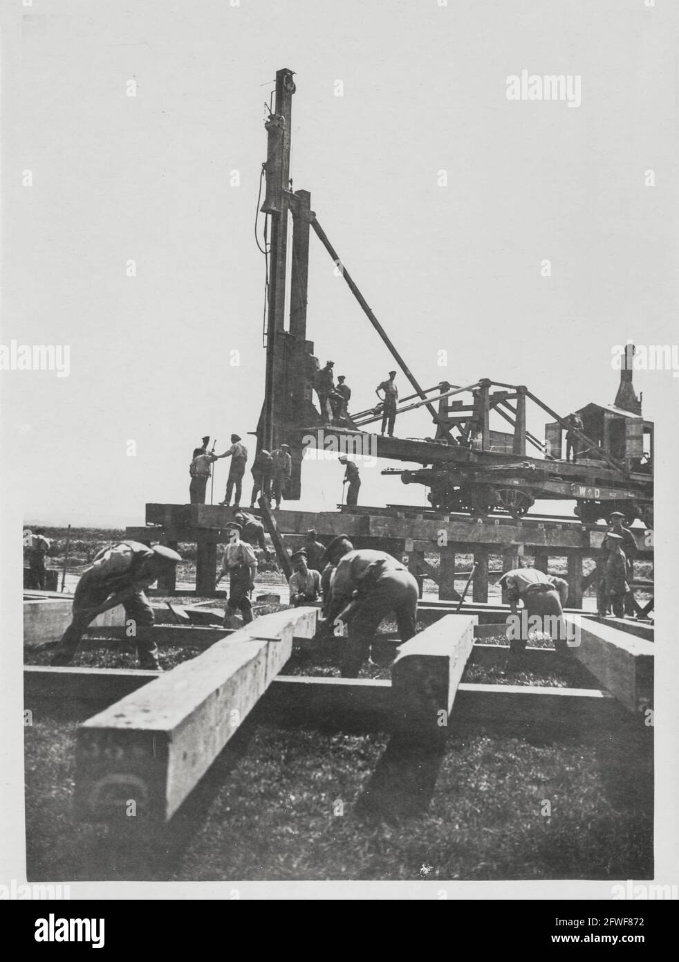 World War One, WWI, Western Front - Royal Engineers (RE) completing a railway bridge over a waterway in France Stock Photo