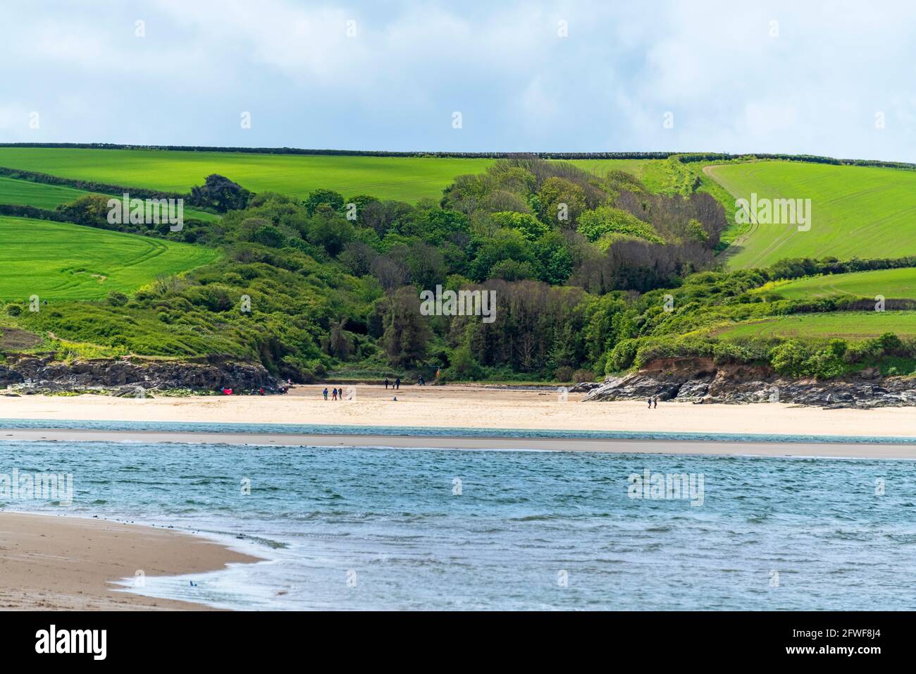 Looking across the Camel Estuary to St Georges Cove, near Padstow in North Cornwall. Stock Photo