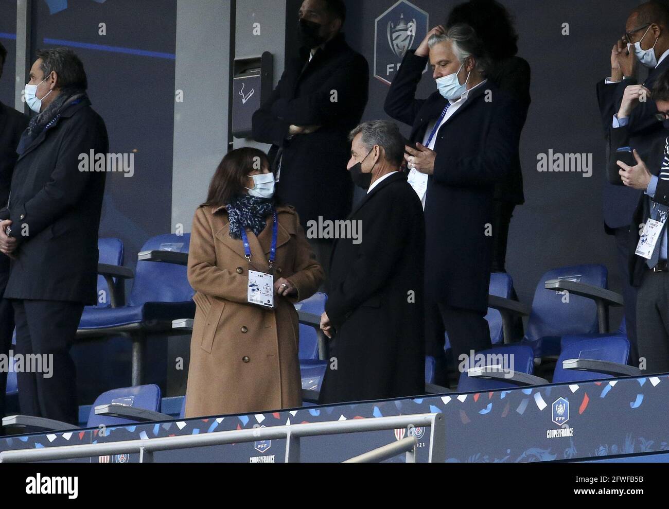 Mayor of Paris Anne Hidalgo, Former French President Nicolas Sarkozy, President of French League LFP Vincent Labrune during the French Cup Final football match between AS Monaco (ASM) and Paris Saint-Germain PSG on May 19, 2021 at Stade de France in Saint-Denis near Paris, France - Photo Jean Catuffe / DPPI / LiveMedia Stock Photo