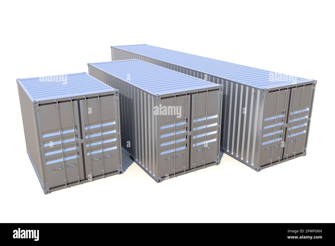 Metallic ship cargo containers 10 20 and 40 feet 3D illustration Stock Photo