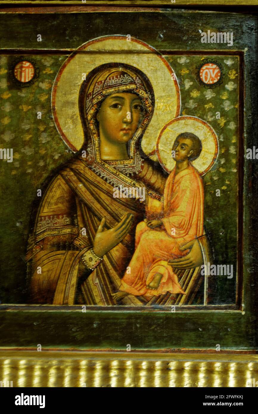 Photo Icon Fragment, Virgin of Tikhvin with miracles Stock Photo