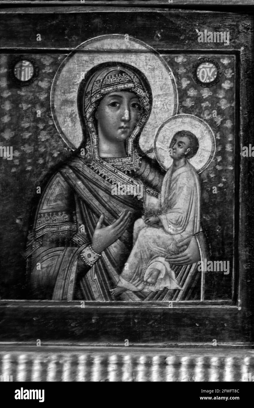 Photo Icon Fragment, Virgin of Tikhvin with miracles Stock Photo