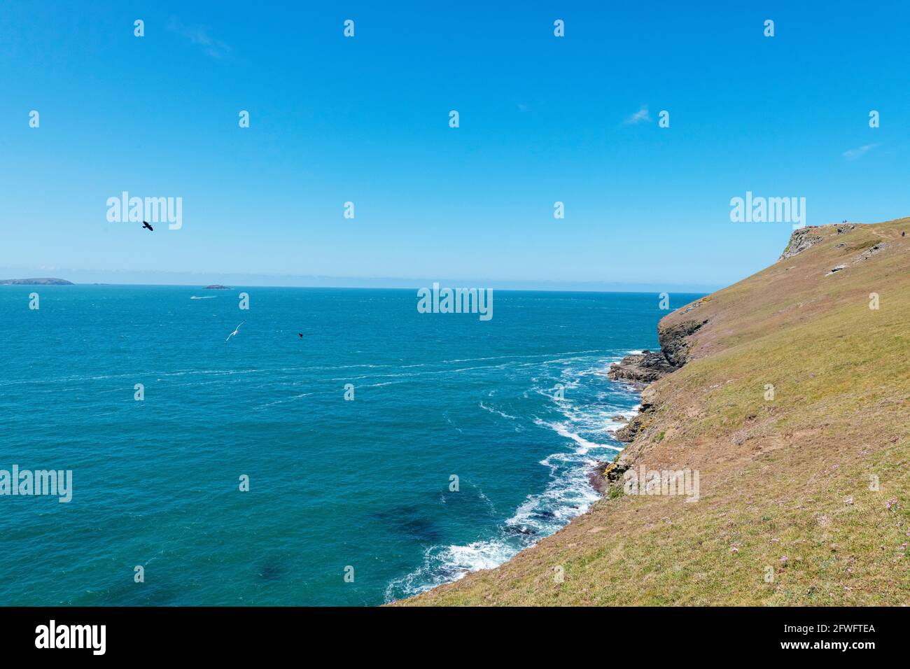 Views Looking out to the Atlantic Sea from Pentire Point in North Cornwall. Stock Photo