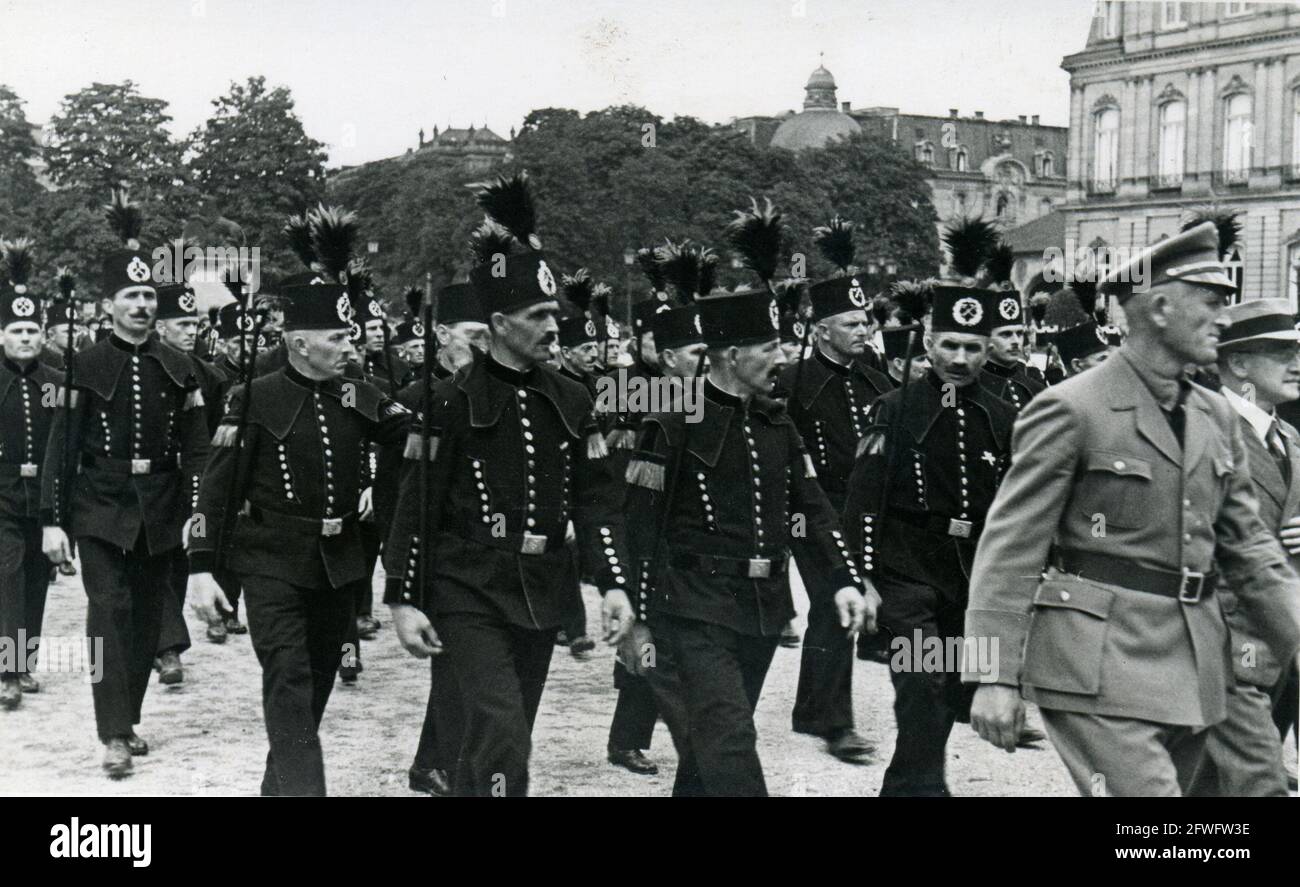 Military Parade - German Mineworker - NATIONAL BUREAU OF MINES (BERGBAU) DIVISE DRESS FEZ/CAP - 1930's Stock Photo