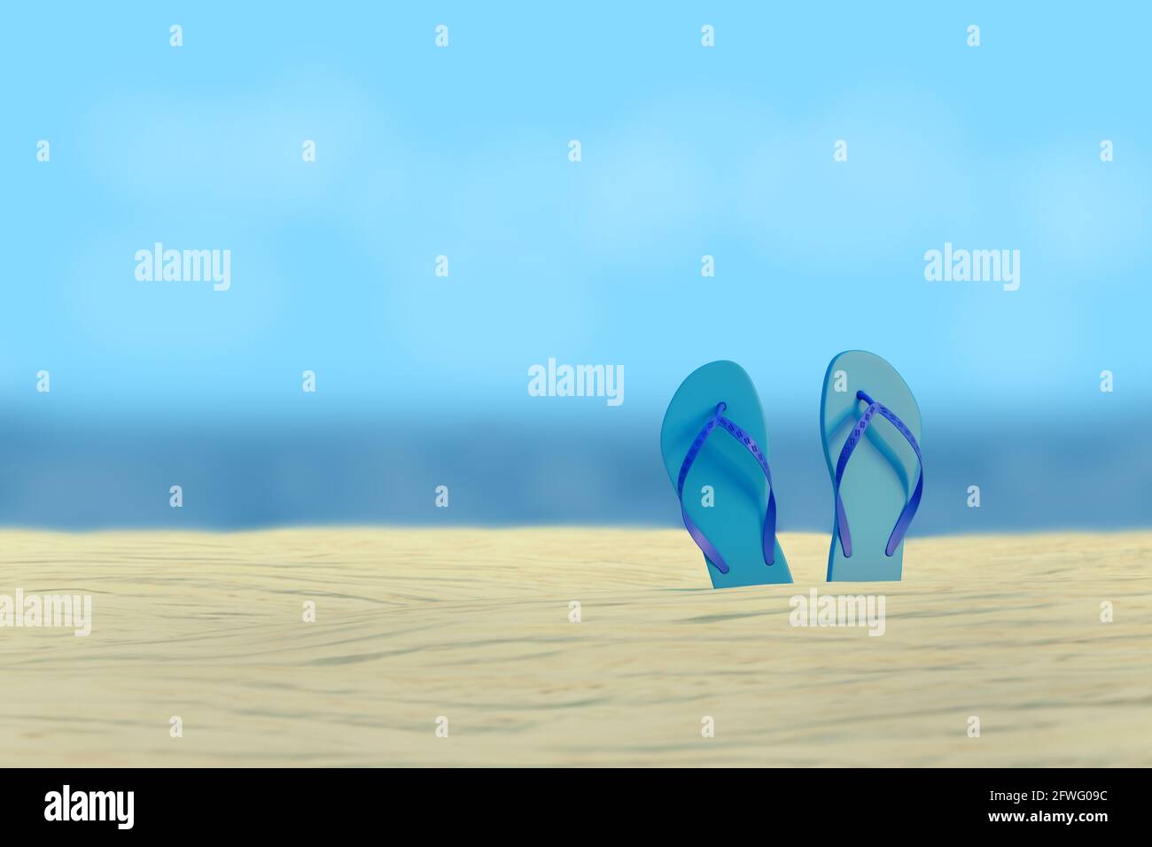 Pair of flip flops on the beach with the sea in the background ...