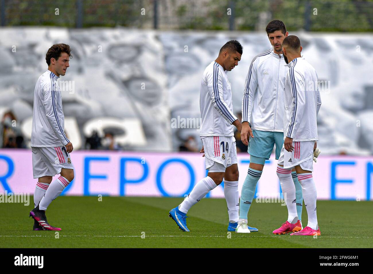 Madrid Spain May 22 Goalkeeper Thibaut Courtois Of Real Madrid Casemiro Of Real Madrid Karim Benzema Of Real Madrid Before The Match During The La Liga Santander Match Between Real Madrid