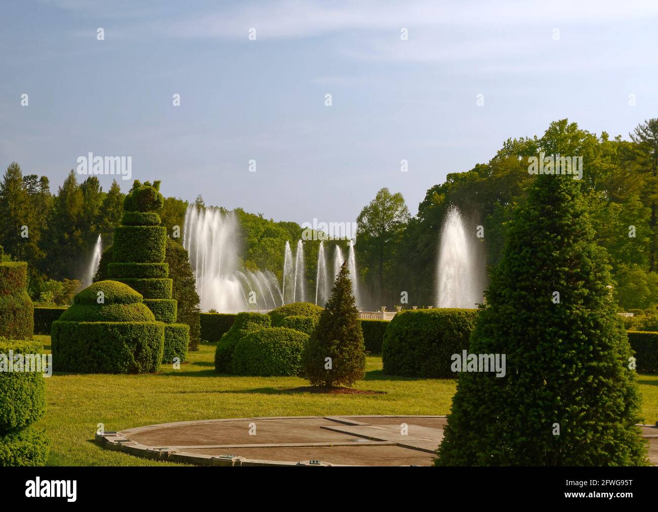 Topiary Garden, green shrubs, trees, shapes, water spouting, Main Fountain Garden, Longwood Gardens, Pennsylvania, Kennett Square, PA, spring Stock Photo