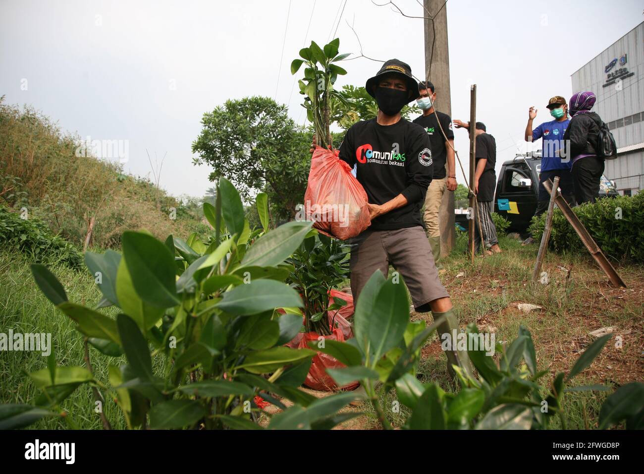 Bekasi, Indonesia. 22nd May, 2021. The Amphibi Institute carried out 500 mangrove trees planting by inviting several communities who care about the environment at the Bantar Gebang Landfill. Planting 500 Mangroves of Rhizopora (Apiculata) species carried out at the second level position of the mound or hill of garbage as an Amphibian solution to prevent landslides of hills or garbage mountains. (Photo by Kuncoro Widyo Rumpoko/Pacific Press) Credit: Pacific Press Media Production Corp./Alamy Live News Stock Photo