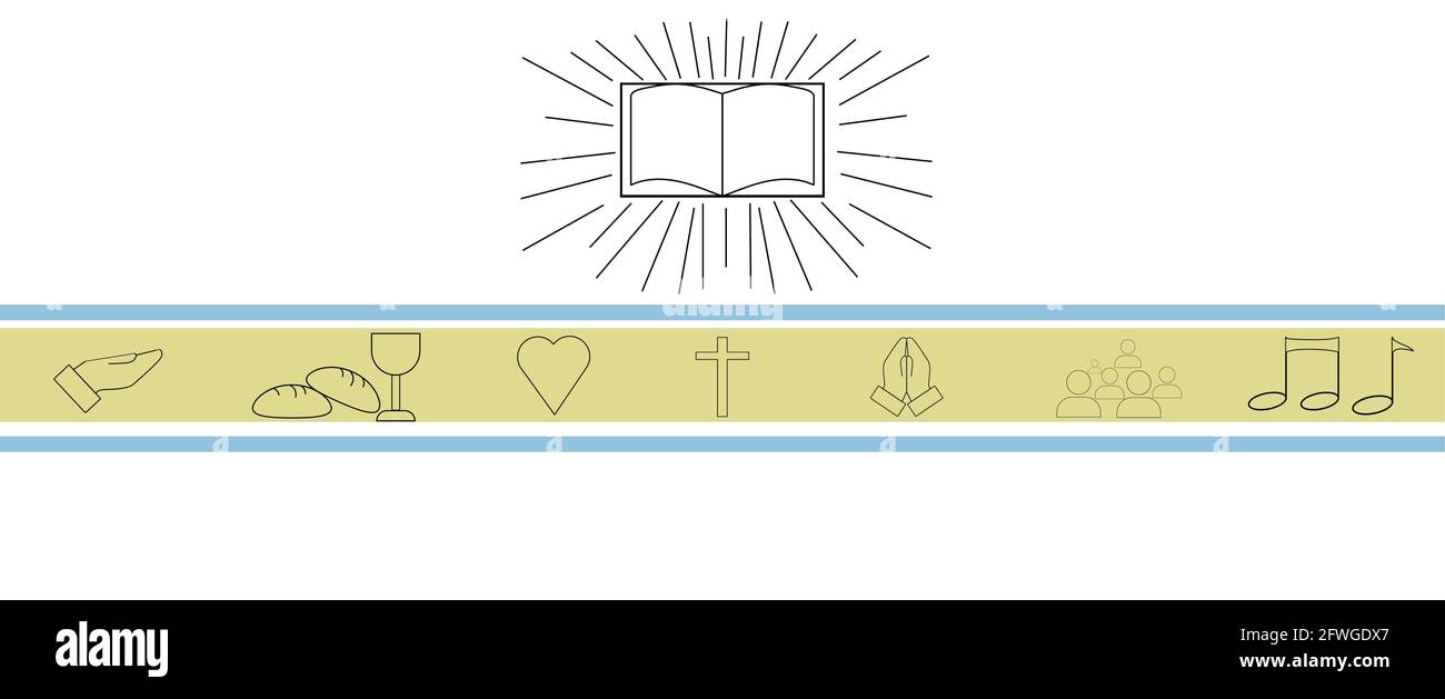 Christianity Banner Background Illustration with open bible in the center and church icons. copy space. Stock Photo