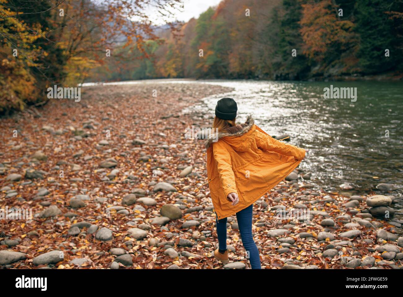 woman walking in the forest along the river autumn travel Stock Photo ...