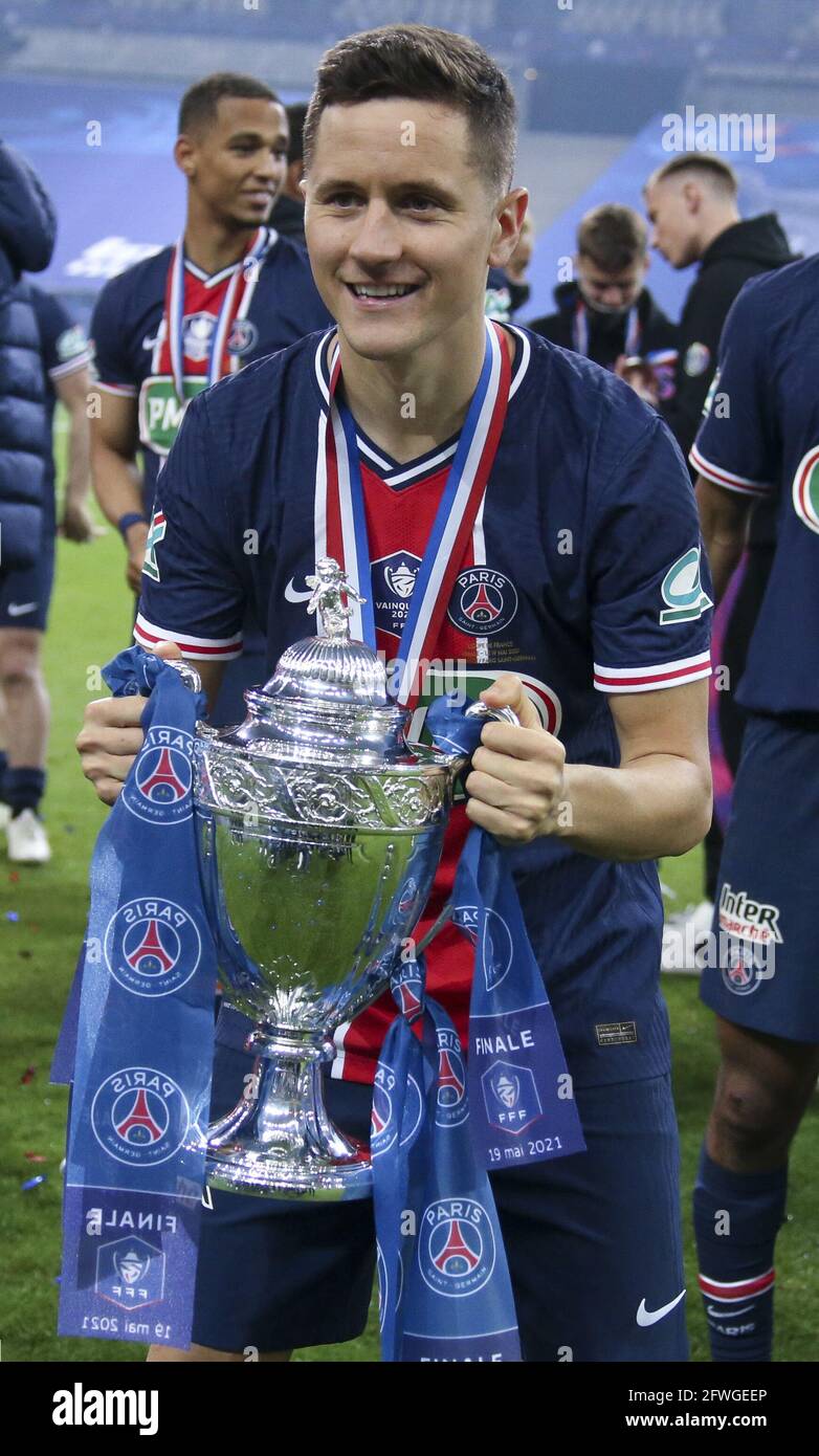 Ander Herrera of PSG celebrates following the French Cup Final football  match between AS Monaco (ASM) and Paris Saint-Germain PSG on May 19, 2021  at Stade de France in Saint-Denis near Paris,