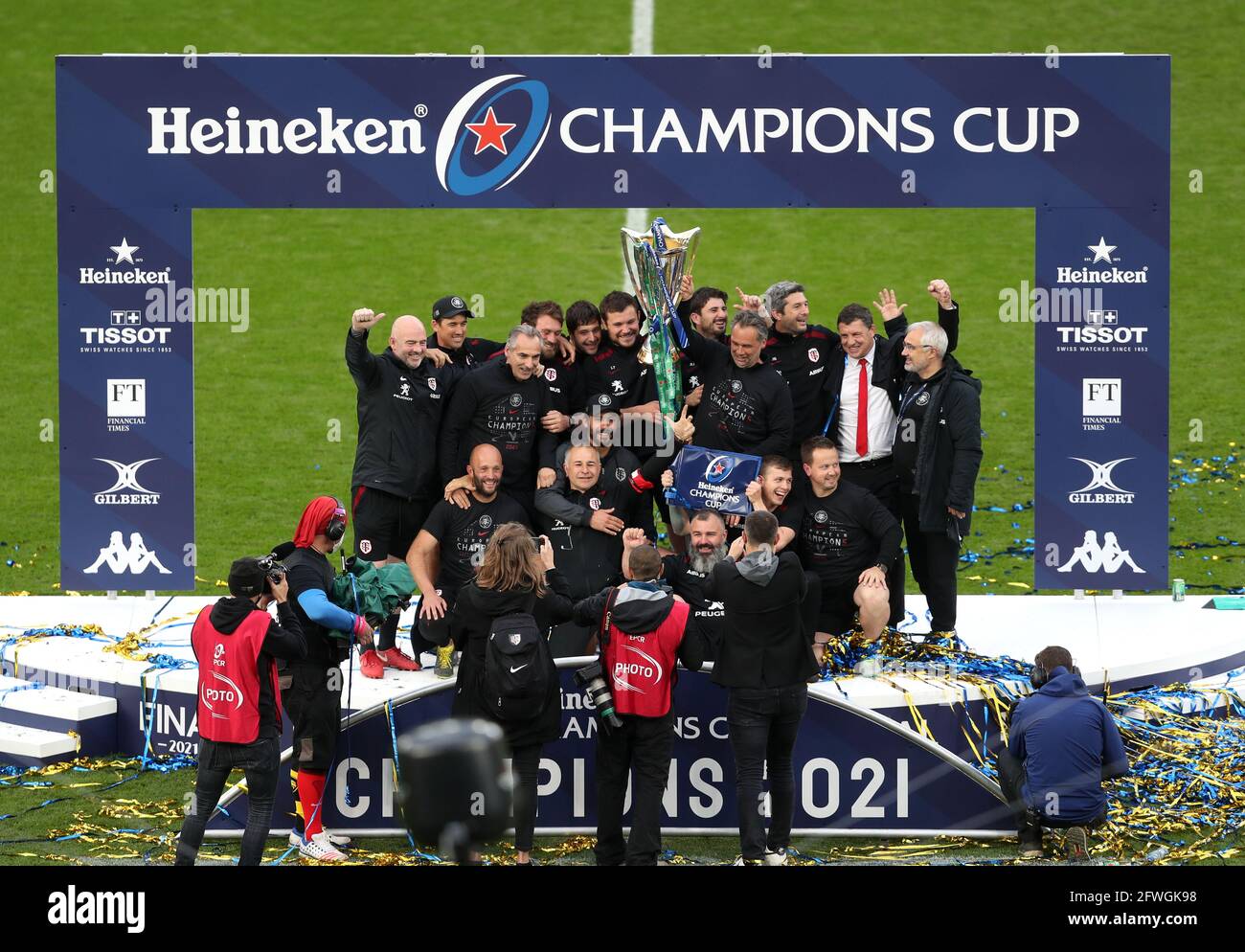 Toulouse Head Coach Ugo Mola Lifts The Trophy With Coaching Staff After The Final Whistle During The Heineken Champions Cup Final Match At Twickenham Stadium London Picture Date Saturday May 22 21