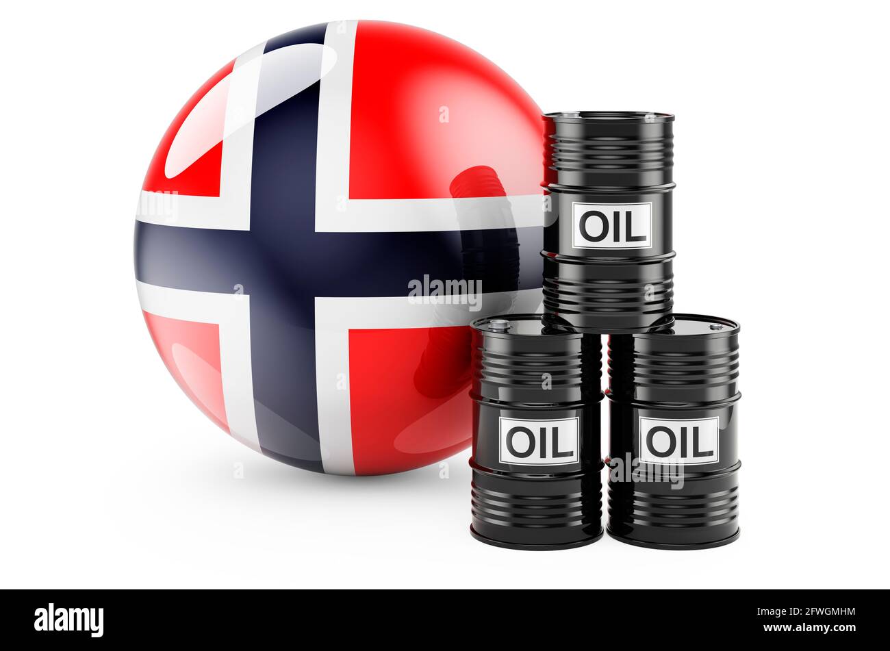 Oil barrels with Norwegian flag. Oil production or trade in Norway concept, 3D rendering isolated on white background Stock Photo