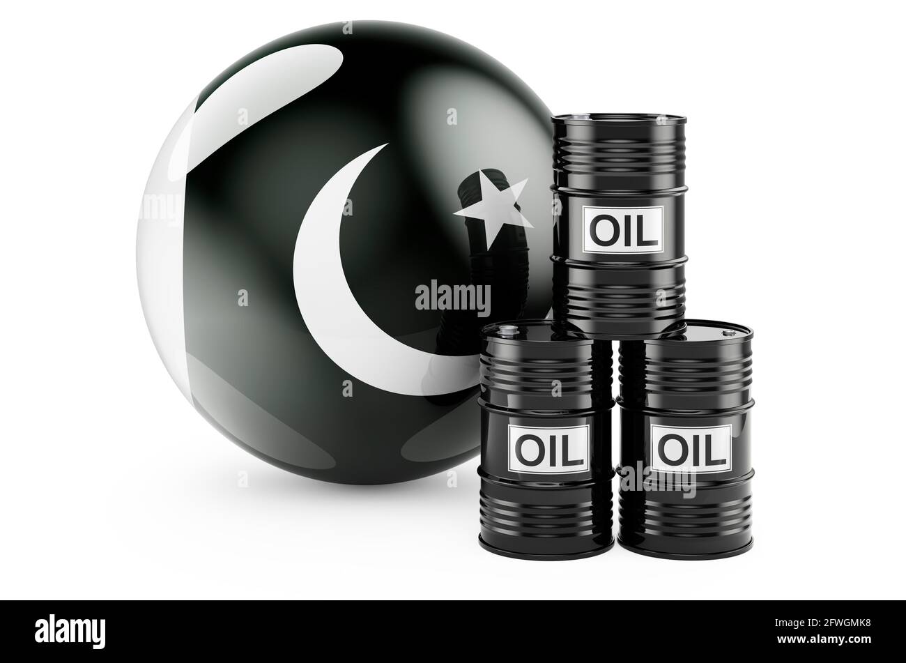 Oil barrels with Pakistani flag. Oil production or trade in Pakistan
