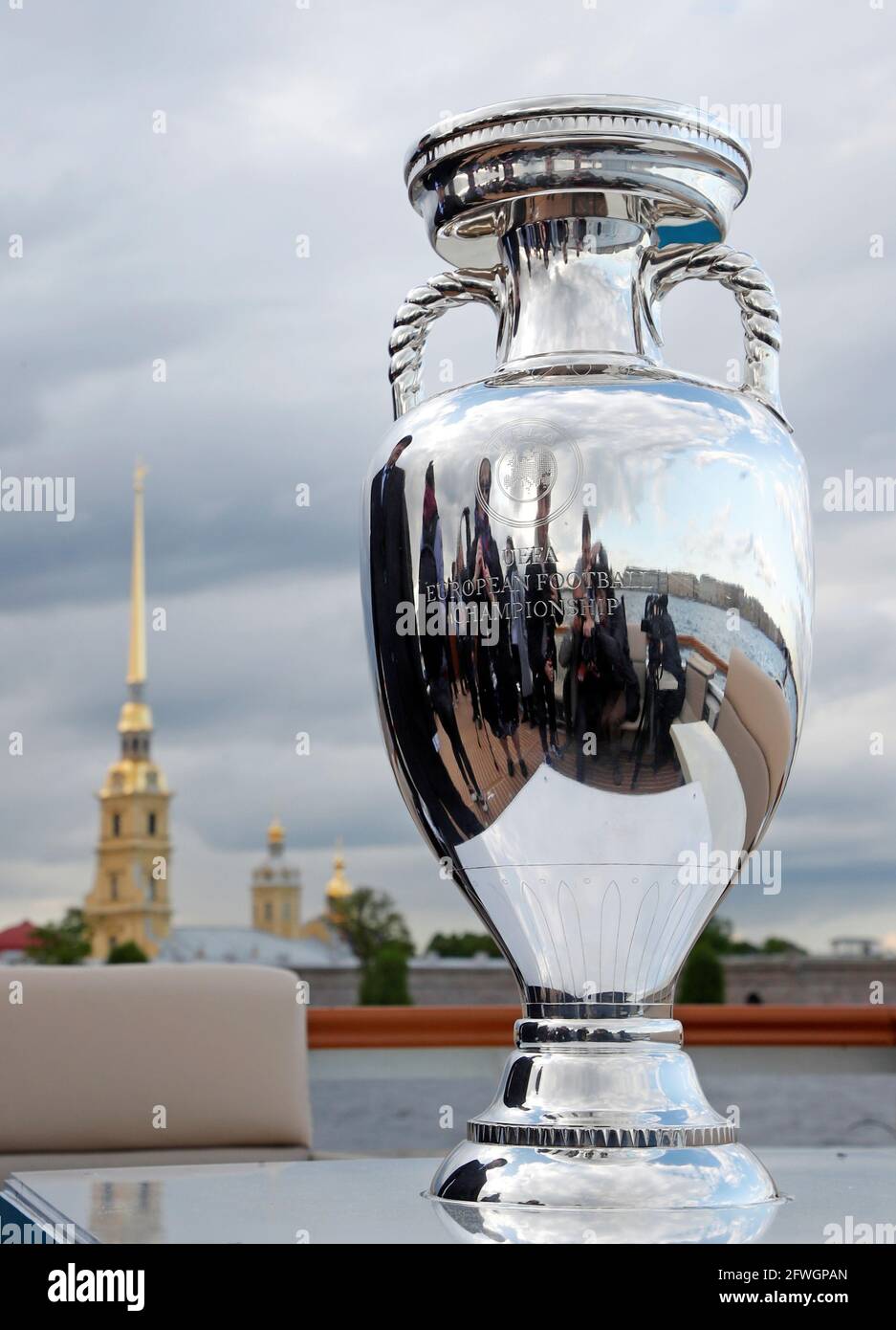 The Euro 2020 trophy is pictured during a boat in Saint Petersburg, Russia May 22, 2021. REUTERS/Anton Photo - Alamy