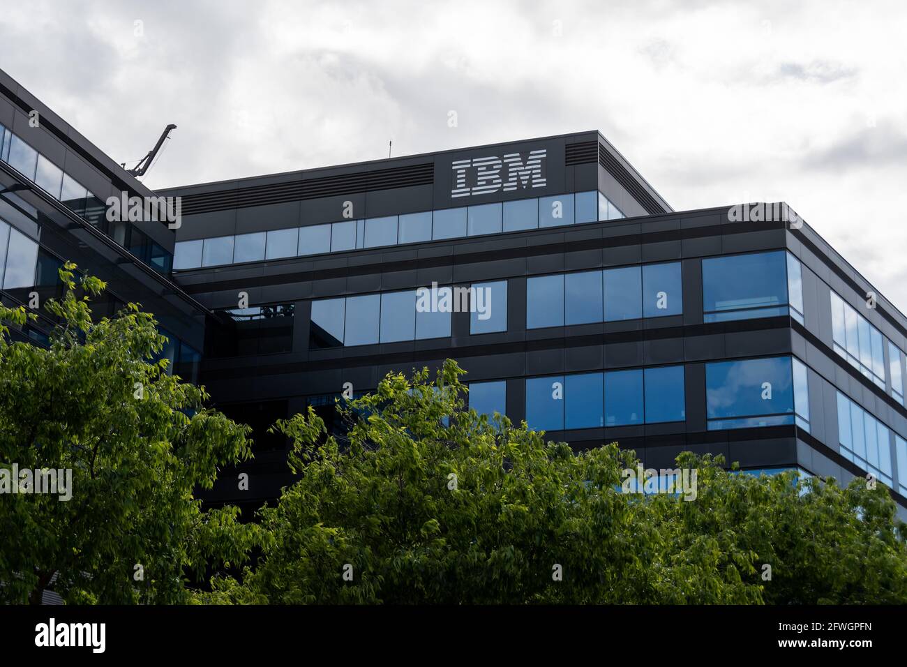 Exterior view of the French headquarters of IBM, an American multinational corporation active in computer hardware, software and services Stock Photo