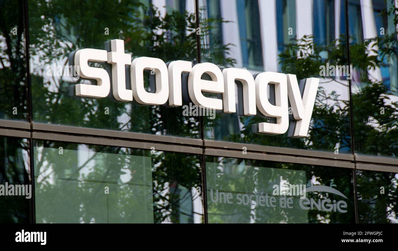 Logo on the head office building of Storengie, a subsidiary of Engie ...