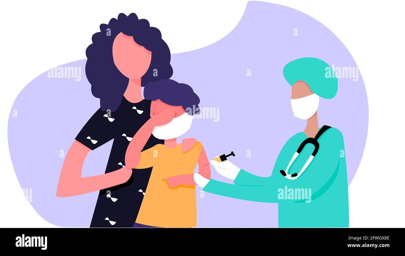 Children getting vaccination during coronavirus pandemic. In this illustration the child is fearful about vaccination and mother supporting him. Stock Vector