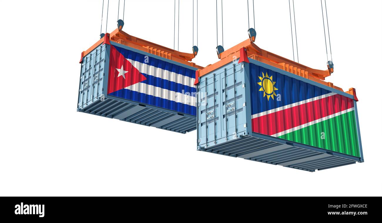 Two freight container with Cuba and Namibia national flag. 3D Rendering Stock Photo