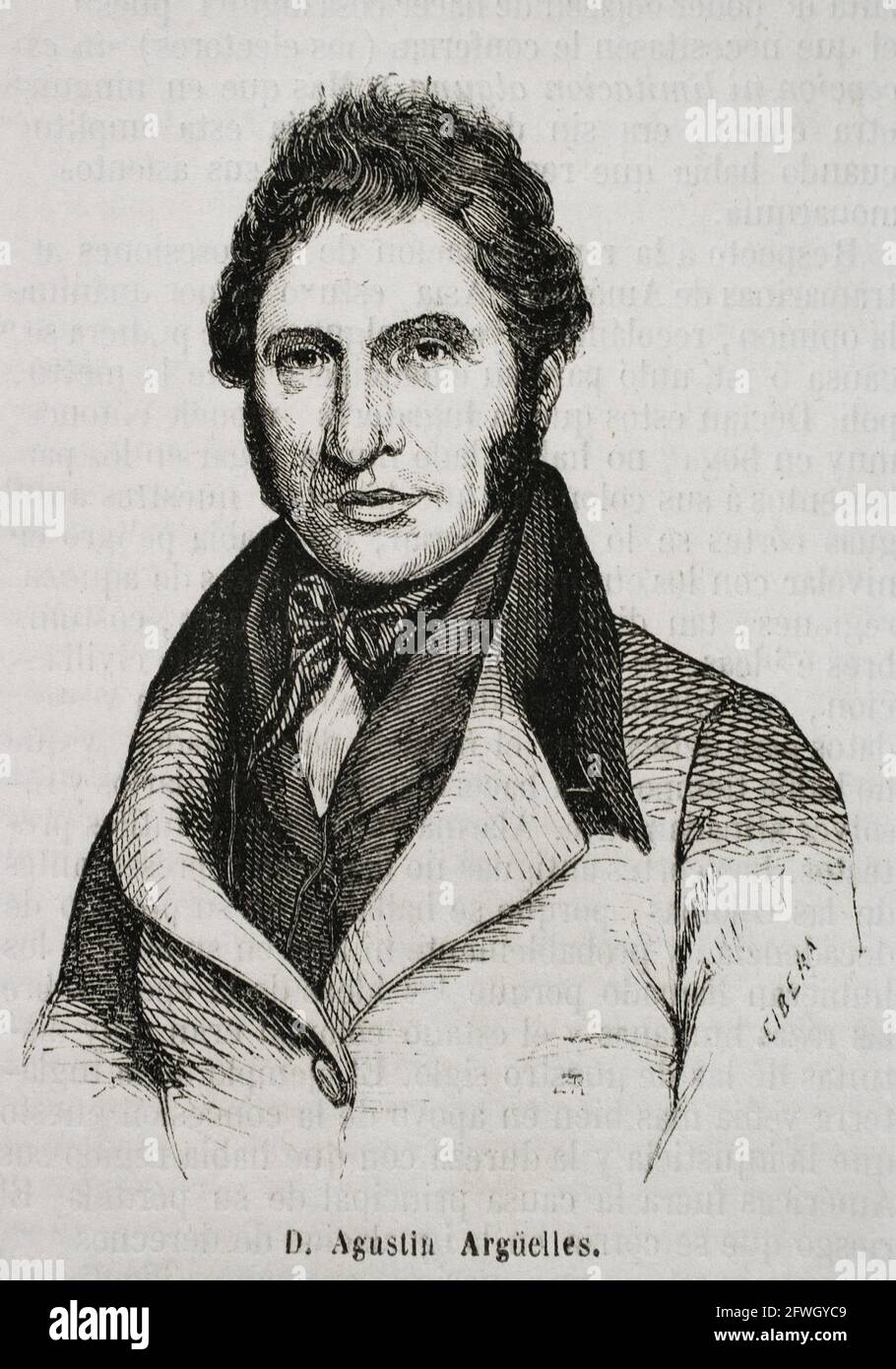 Agustín José Argüelles Alvarez (1776-1844). Known as 'El Divino'. Spanish liberal politician, diplomat, minister and president of the Congress of Deputies in 1841. He was tutor to Queen Isabella II. Portrait. Engraving by Cibera. Historia General de España by Father Mariana. Madrid, 1853. Stock Photo