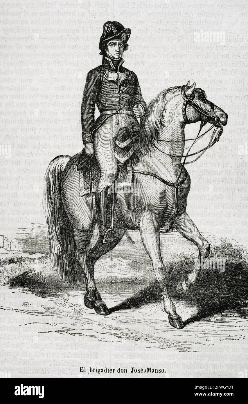 José Manso y Solá (1785-1863). Spanish military who served in the armies of Ferdinand VII and Isabella II, taking part in the Peninsular War (1808-1814) and the First Carlist War (1833-1840). Portrait. Engraving by Capuz. Historia General de España by Father Mariana. Madrid, 1853. Stock Photo