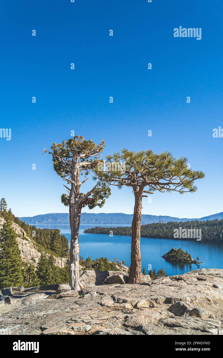 Emerald Bay, Lake Tahoe, California with view of Fannette island on clear day Stock Photo