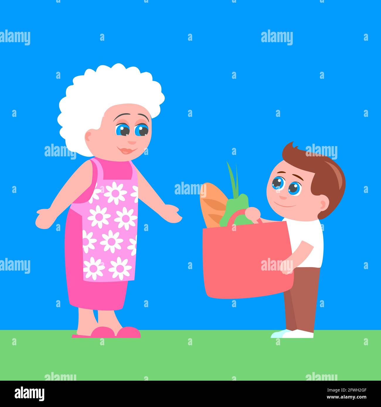 A little boy brought food to his grandmother. Happy family people. Vector cartoon illustration Stock Vector