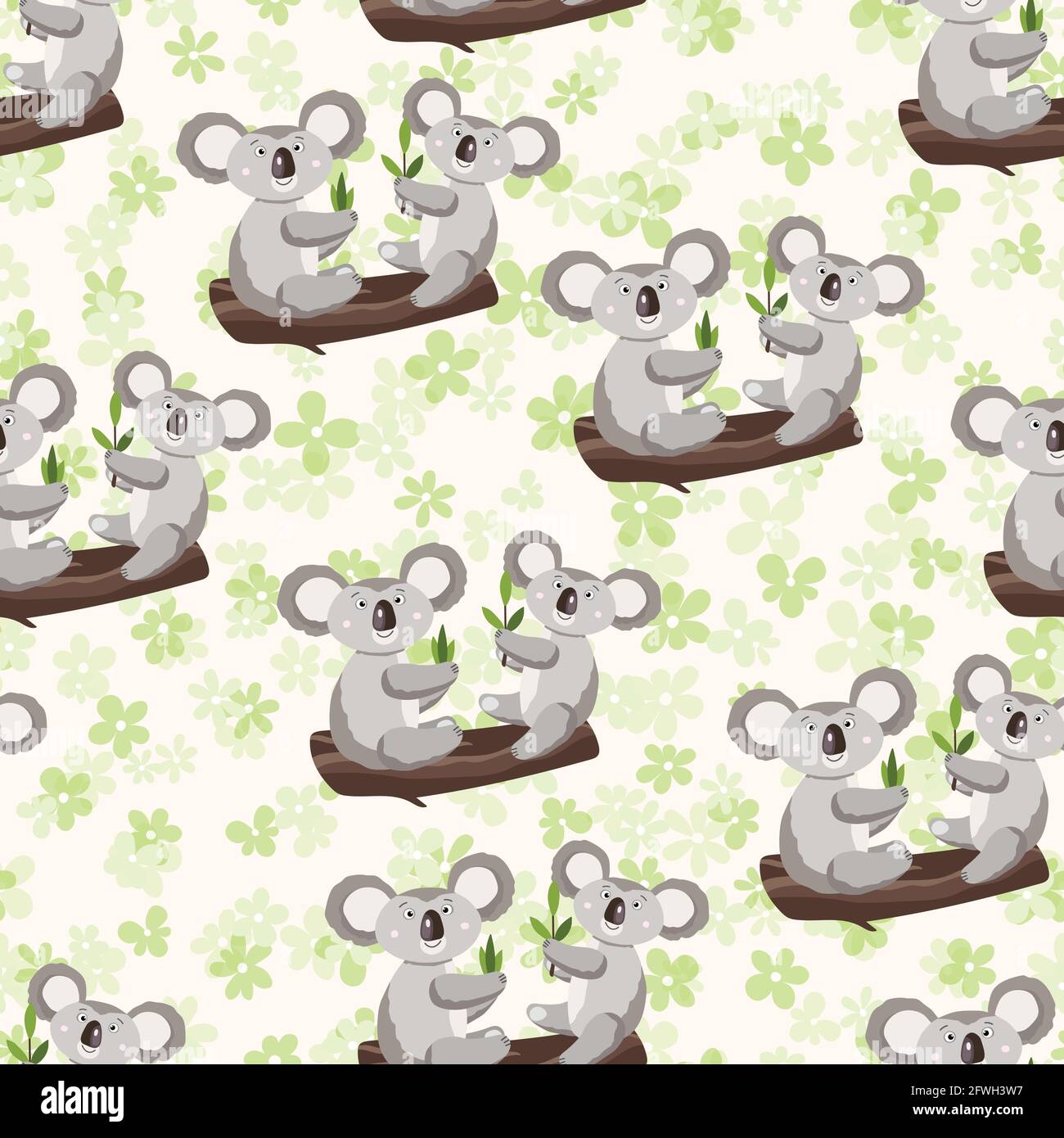 Seamless pattern with cute koala baby and flowers on color background ...