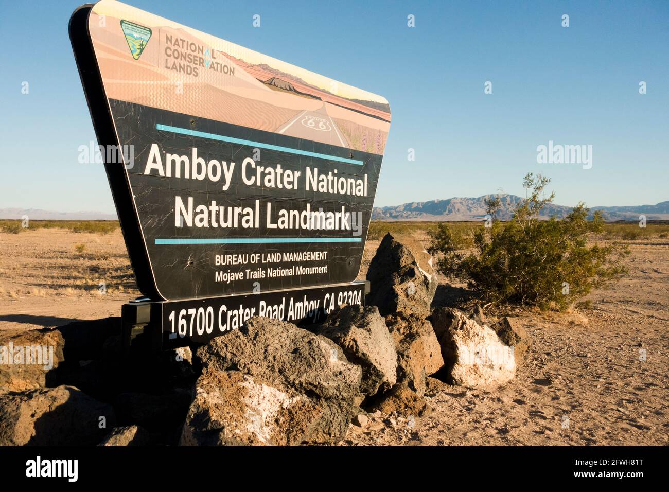 Amboy Crater National Natural Landmark sign - California USA Stock Photo