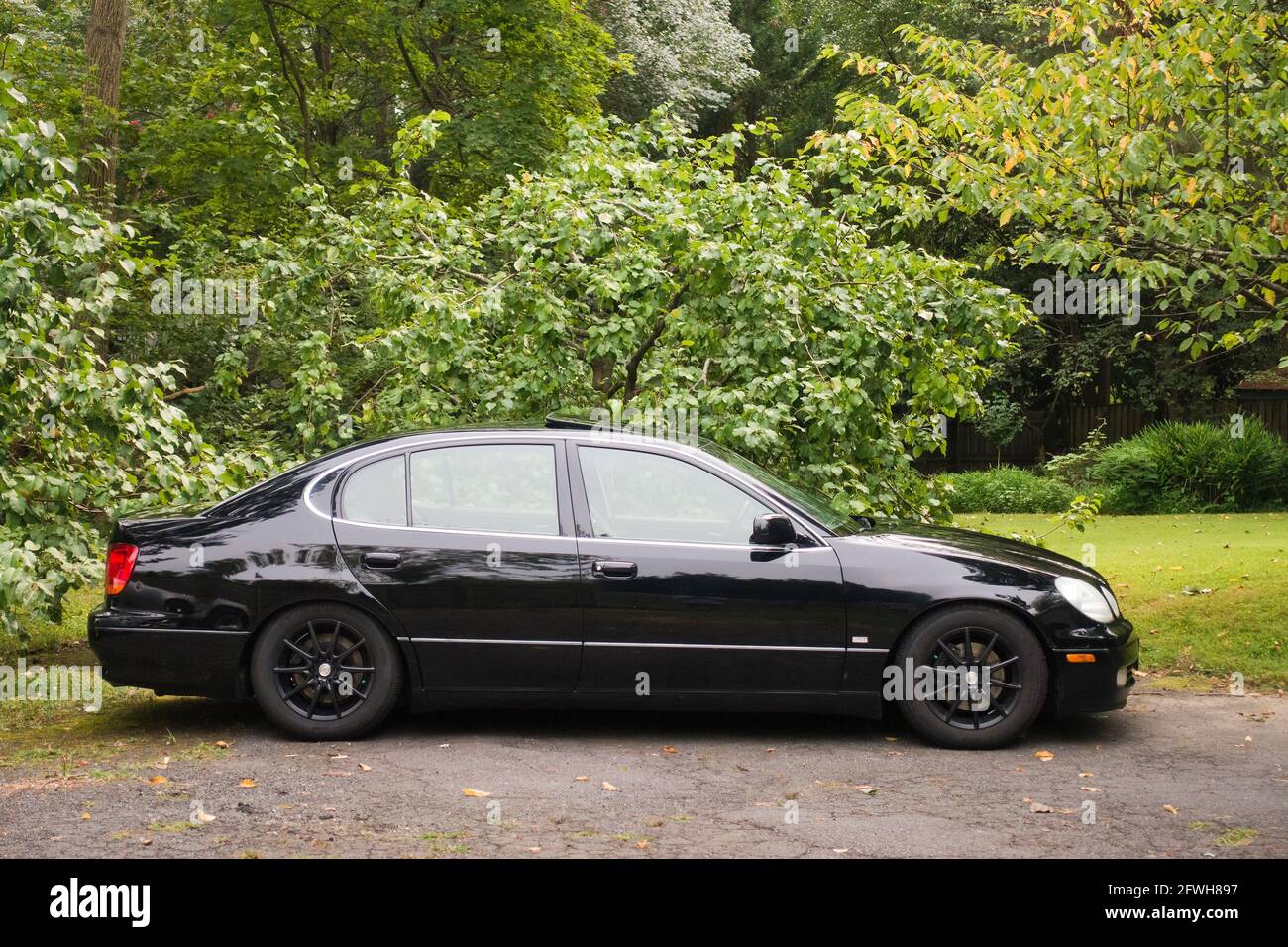 Black Japanese sedan side view ( 2002 Lexus GS300 ) Stock Photo