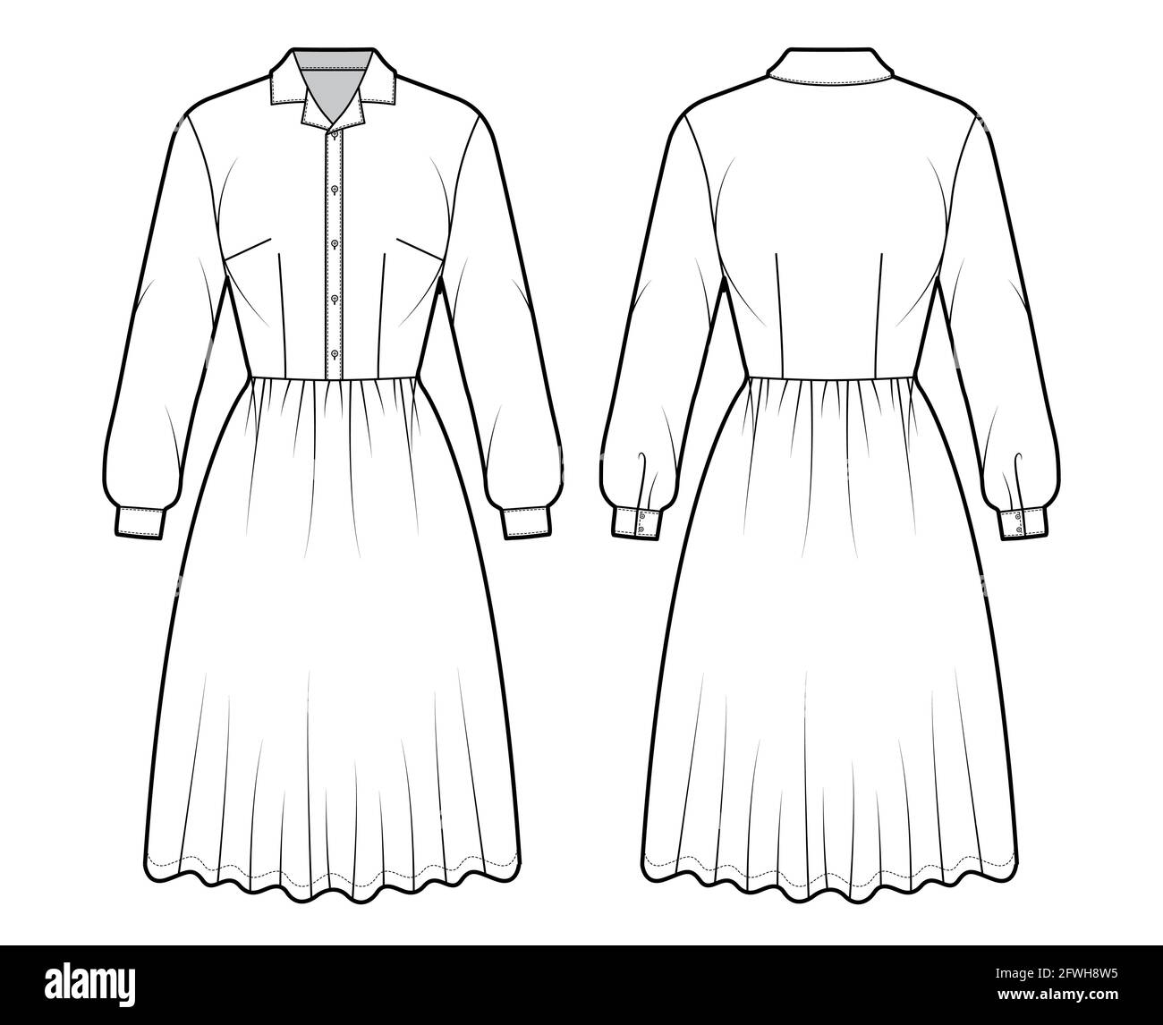 Dress house shirt technical fashion illustration with long sleeves with cuff, knee length full skirt, classic henley collar. Flat apparel front, back, white color style. Women, men unisex CAD mockup Stock Vector