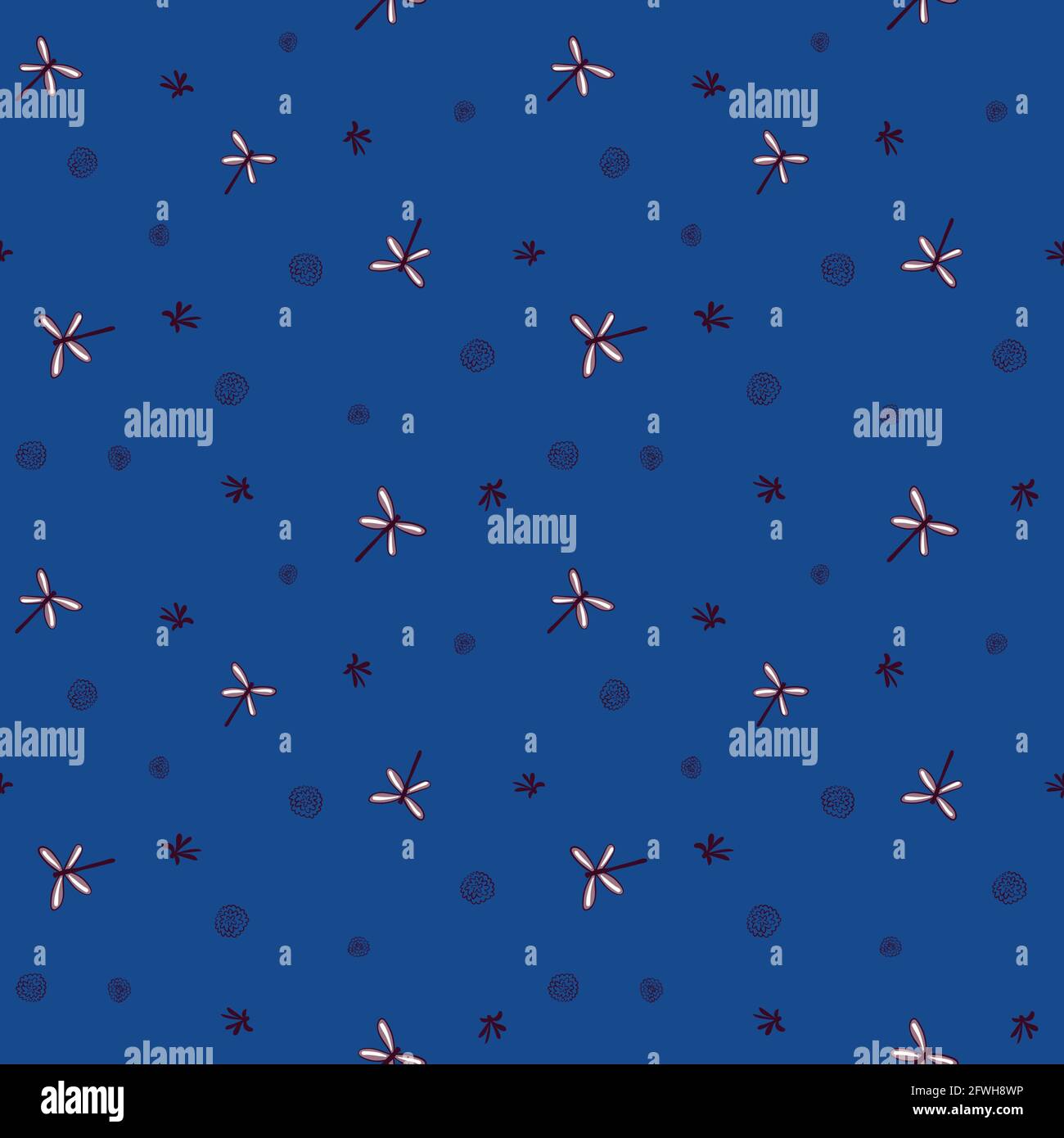 navy dragonfly and flower seamless vector pattern Stock Vector