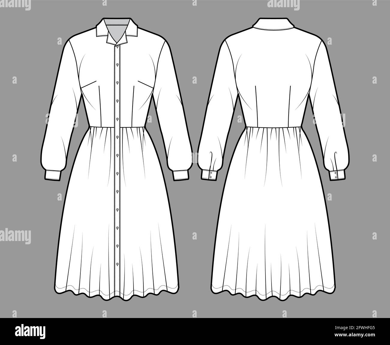 Dress shirt technical fashion illustration with long sleeves, camp collar, fitted body, knee length full skirt, button closure. Flat apparel front, back, white color style. Women men unisex CAD mockup Stock Vector