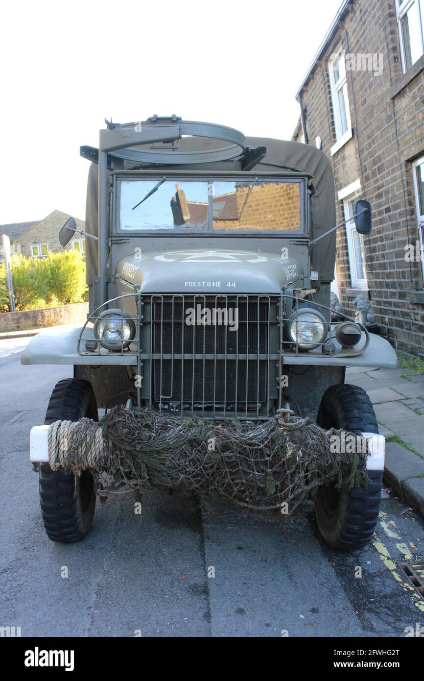 Front view of a GMC CCKW 2½ ton 6×6 vintage US army truck also known as 'Jimmy' Stock Photo