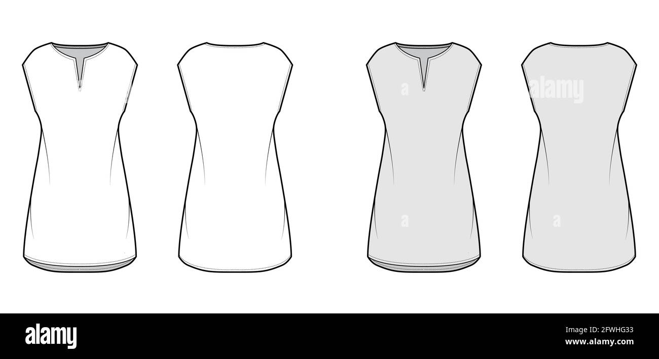 Dress tunic technical fashion illustration with sleeveless, oversized body, mini length skirt, slashed neck. Flat apparel front, back, white, grey color style. Women, men unisex CAD mockup Stock Vector