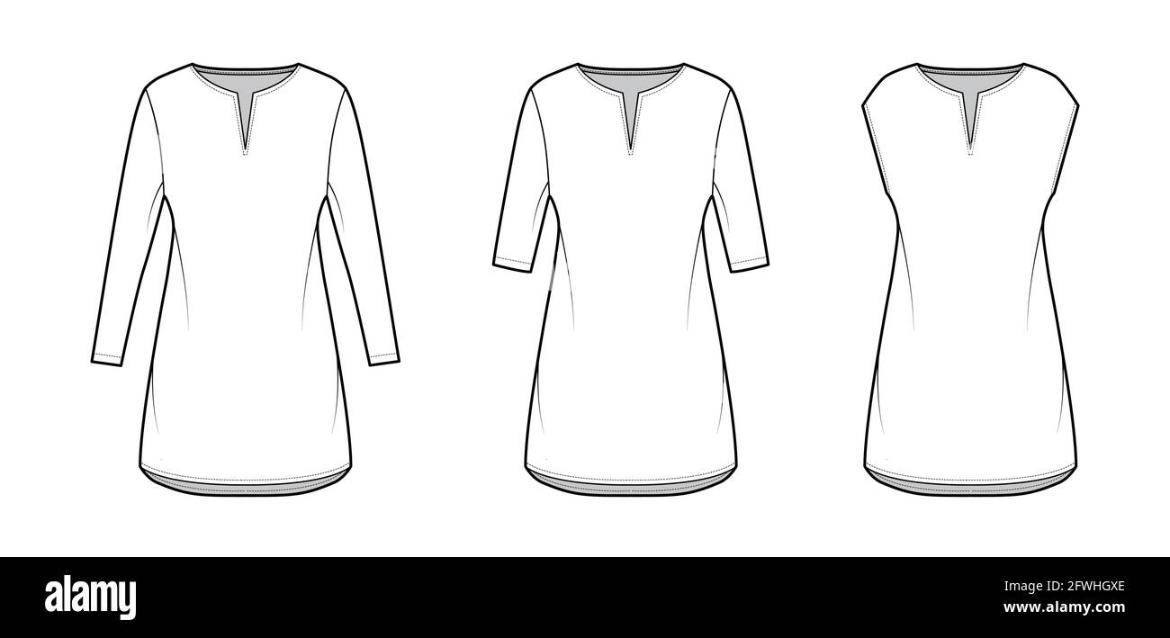 Set of dresses tunic technical fashion illustration with long elbow sleeves, oversized body, mini length skirt, slashed neck. Flat apparel front, white color style. Women, men unisex CAD mockup Stock Vector