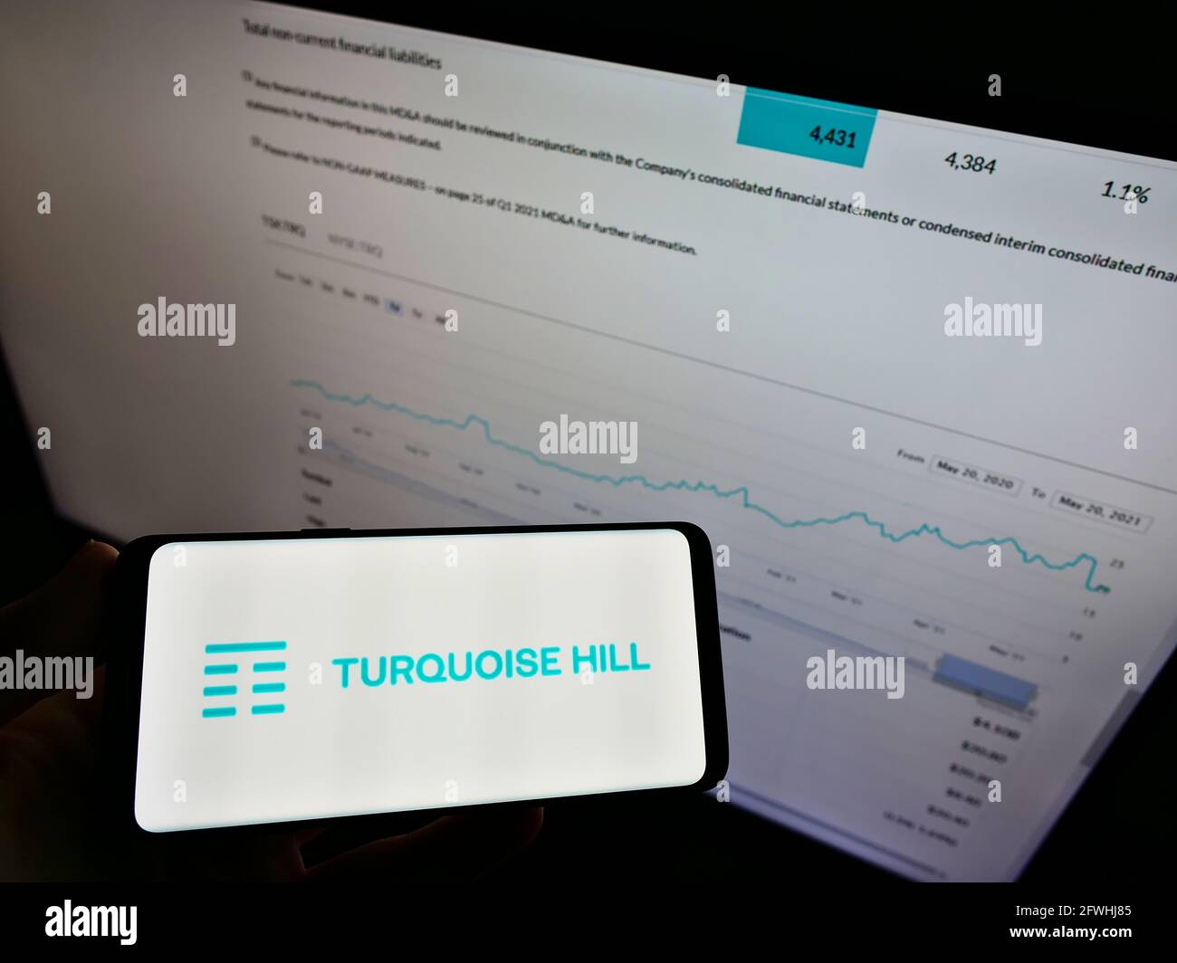 Person holding mobile phone with logo of Canadian mining company Turquoise Hill Resources Ltd on screen in front of web page. Focus on phone display. Stock Photo