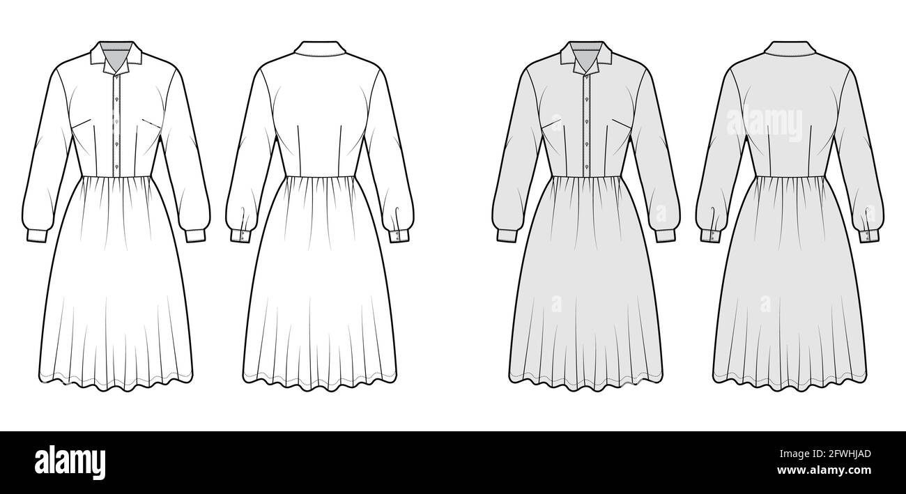 Dress house shirt technical fashion illustration with long sleeves with cuff, knee length full skirt, classic henley collar. Flat apparel front, back, white, grey color style. Women, men CAD mockup Stock Vector