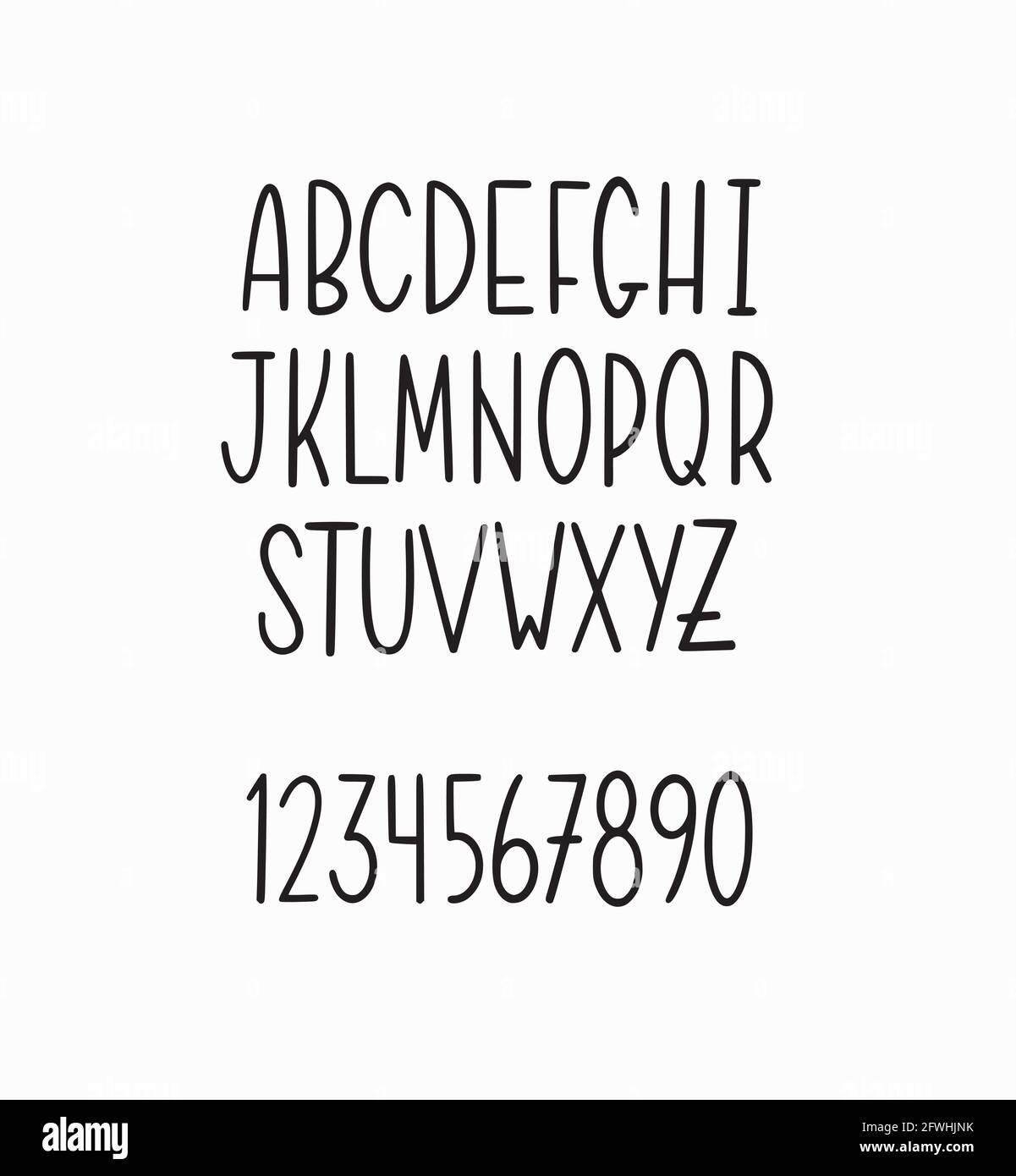 Vector hand-drawn simple thin lettering alphabet. Capitals and digits